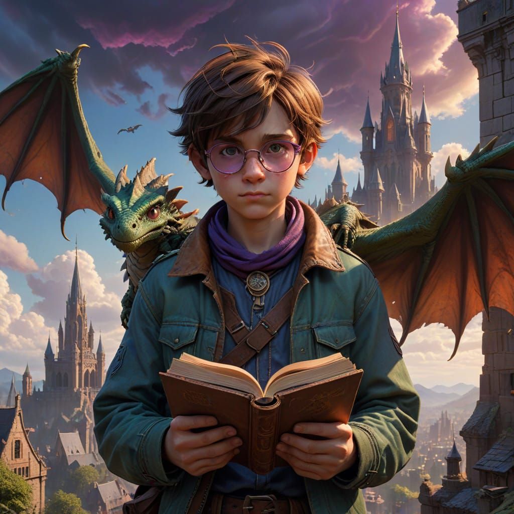 Young Boy with Dragon Companion in Fantastical Cityscape