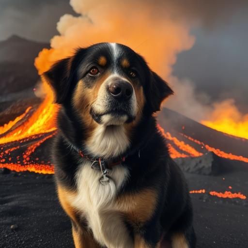 Dog in Front of Volcano in Cinematic Style