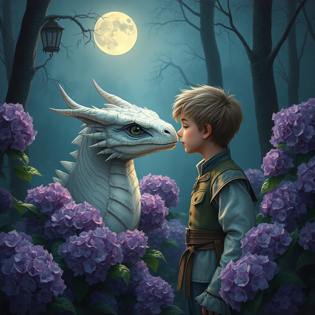 Boy and Dragon Encounter in Dreamlike Forest