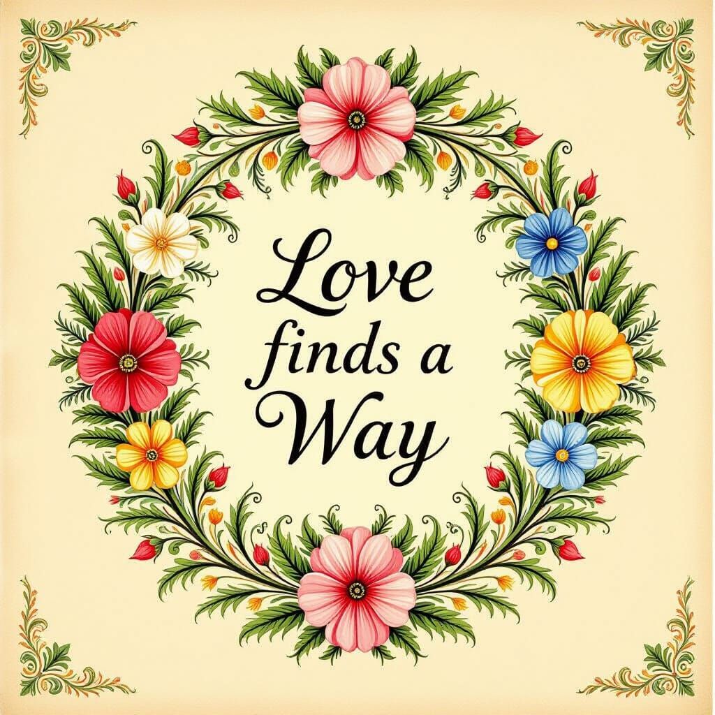 Botanical Wreath with Love Phrase in Gouache Style