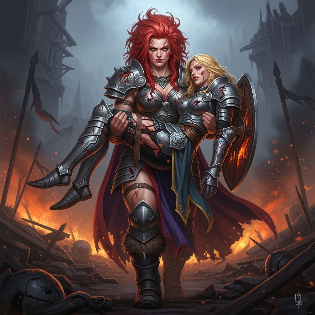 Barbarian Rescues Paladin in Smoldering Battlefield