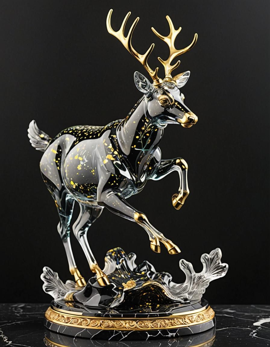 Art Deco Glass Deer Statue on Marble Pedestal