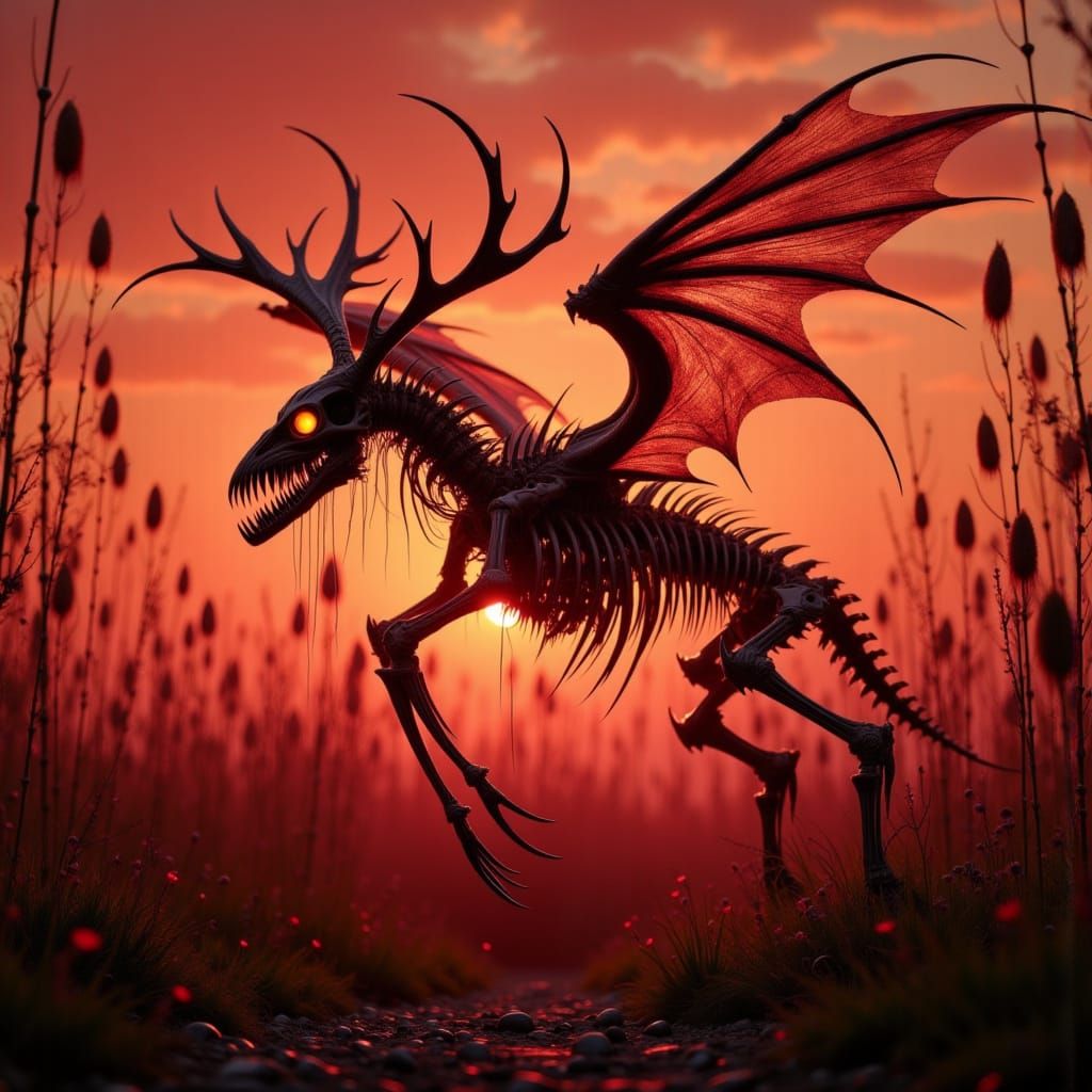 Steampunk Skeletal Flying Monster of the Red Sunset