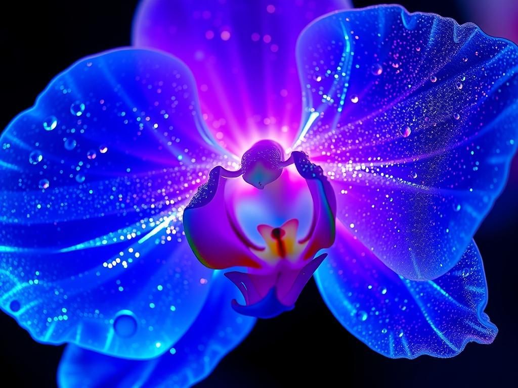 Bioluminescent Sapphire Glass Orchid, Macro Photography
