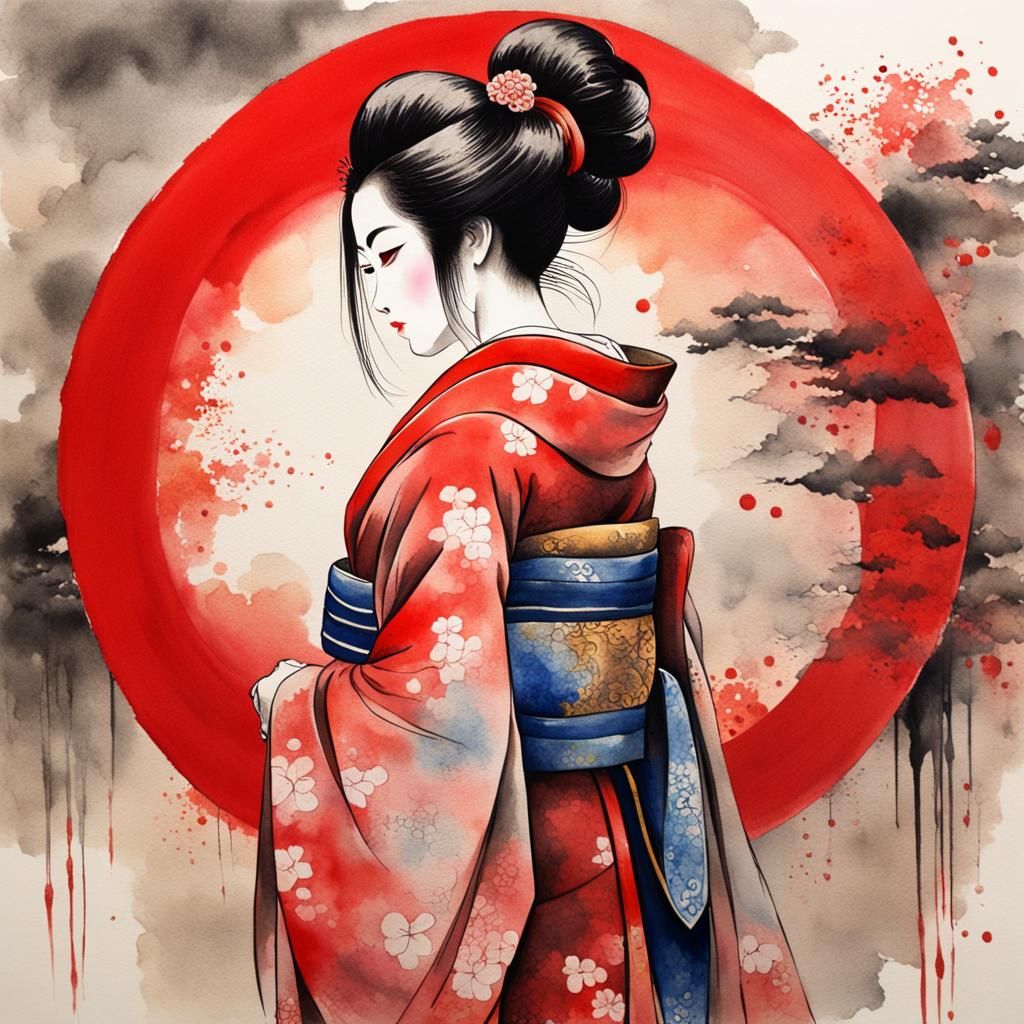Beauitiful alluring Japanese Geisha Girl standing with her b...