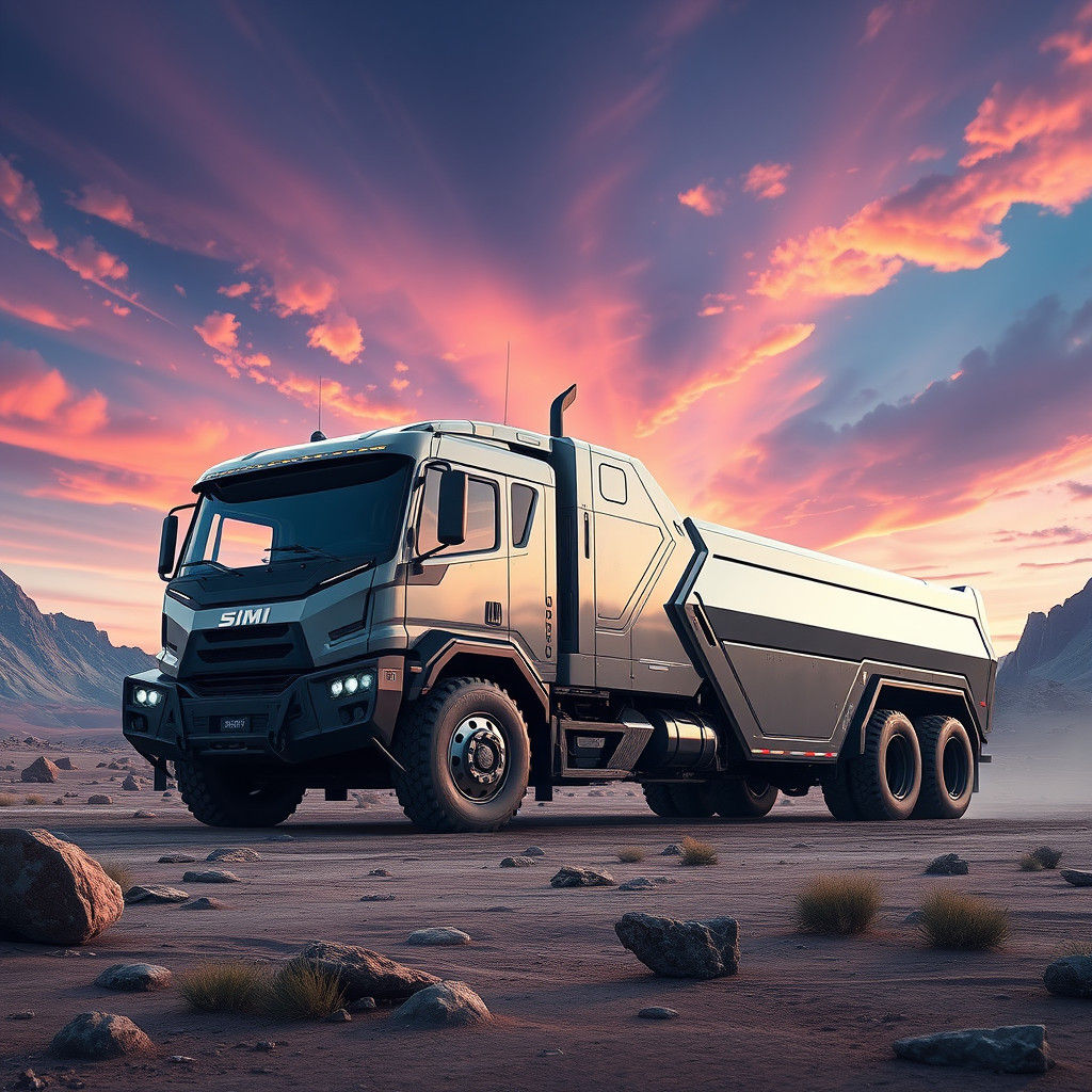 Futuristic Simi Truck in Dreamlike Fantasy Landscape