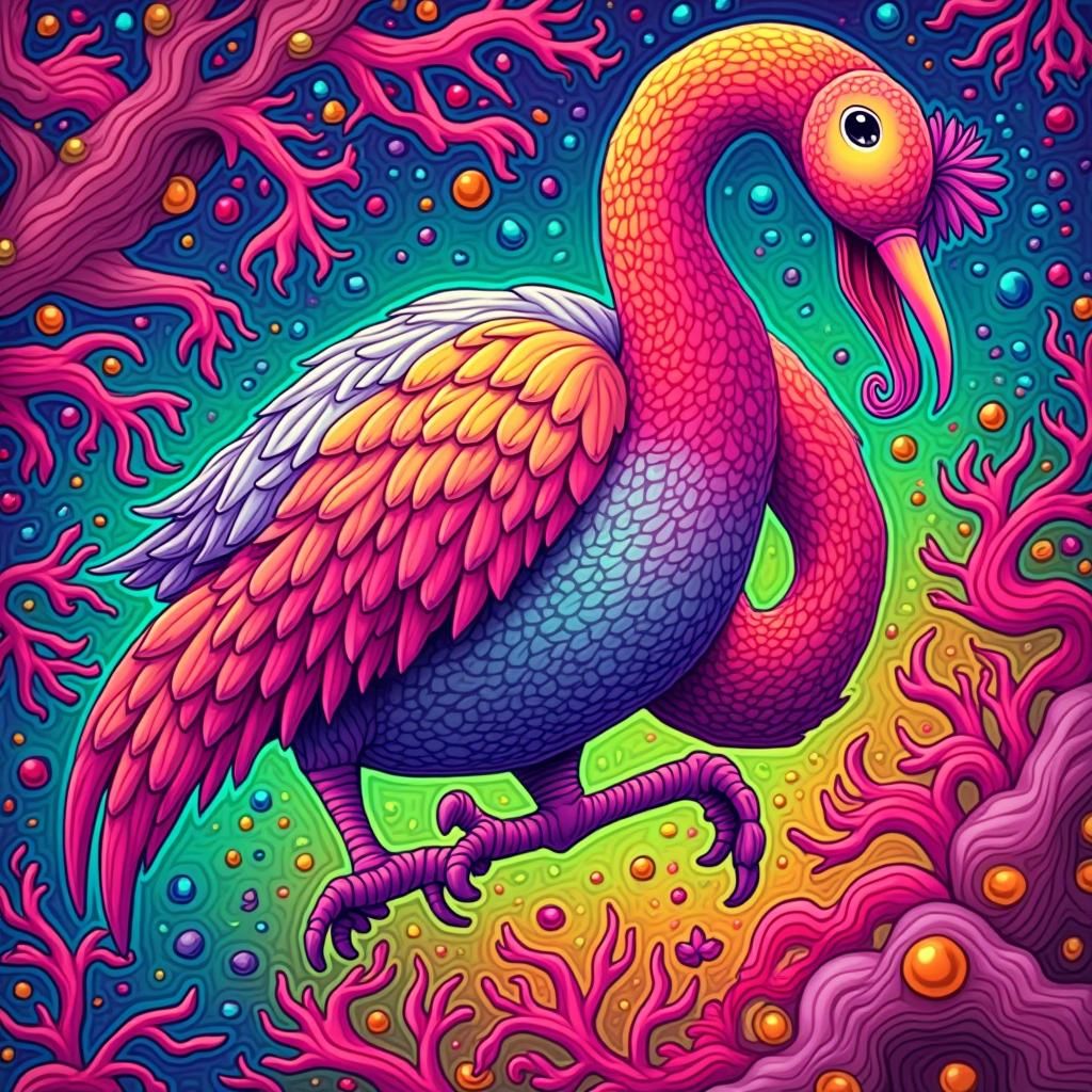 Psychedelic Puffin in Flight Over Ocean