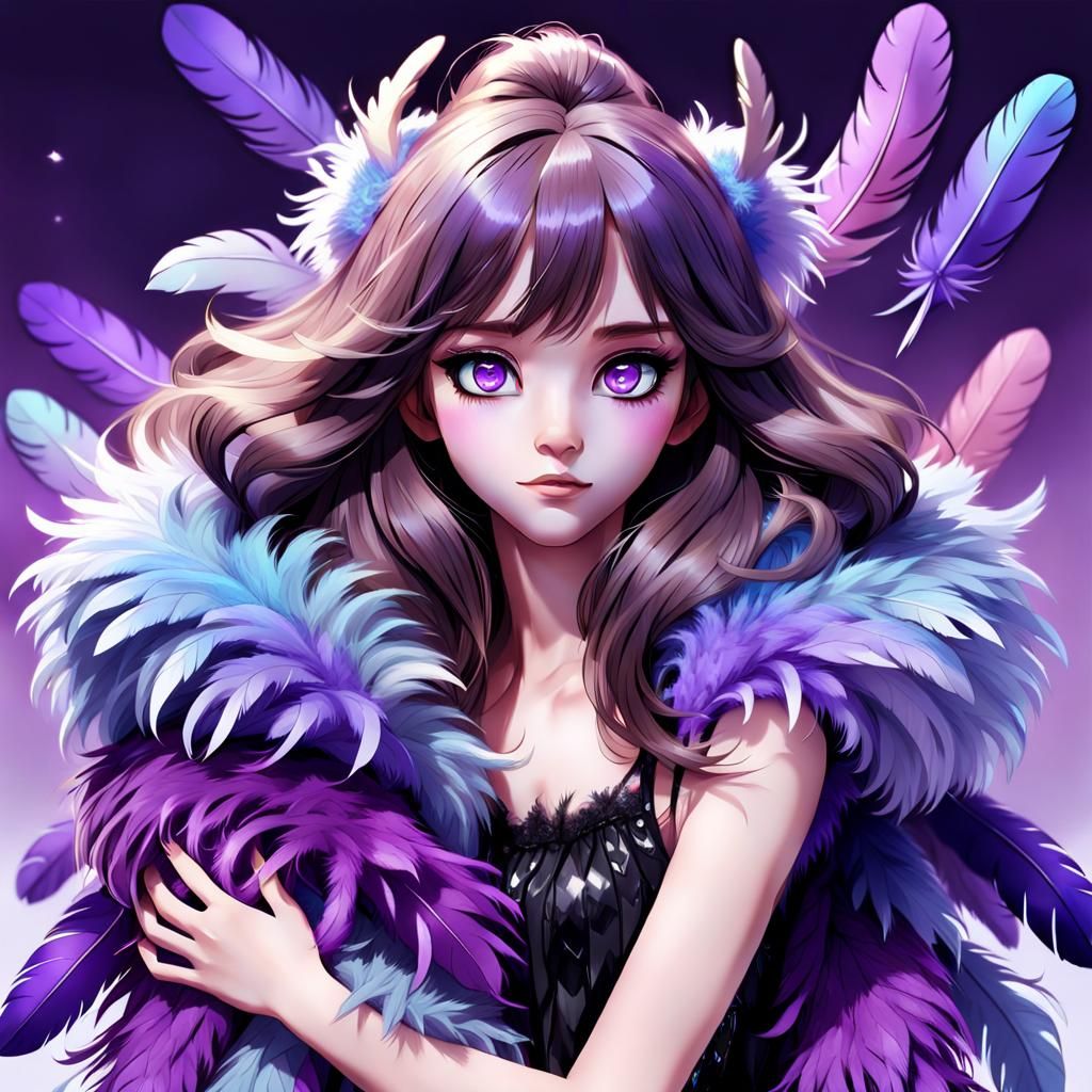 Anime Woman with Boa in Pastel Colors