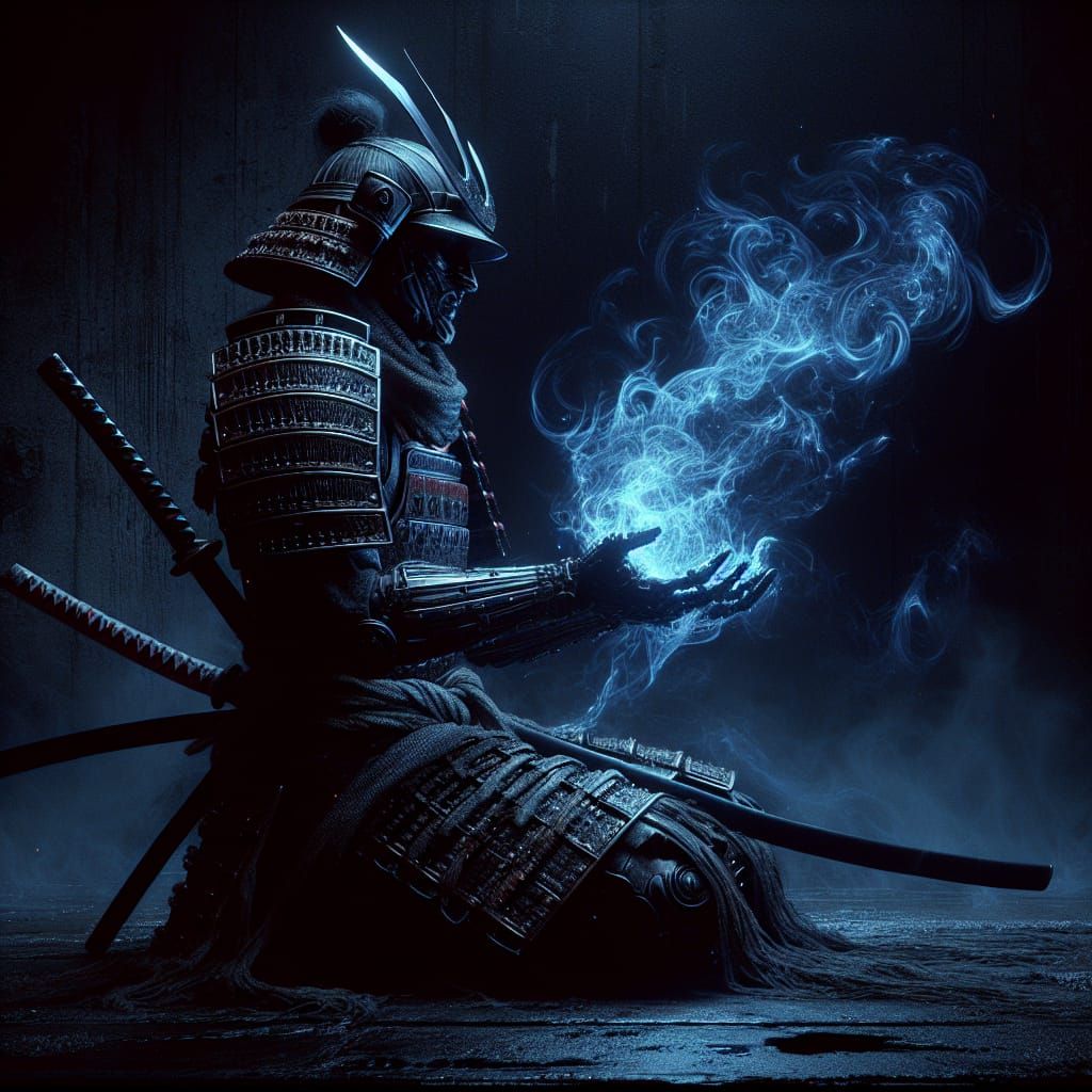 Samurai Meditation: Dark Fantasy in Retrofuturist Style