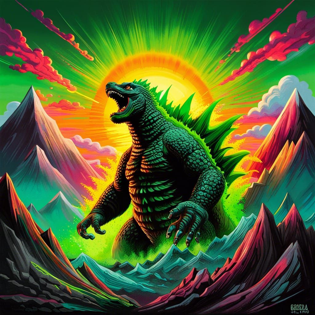 Godzilla Charges at Sunrise: Graffiti Art