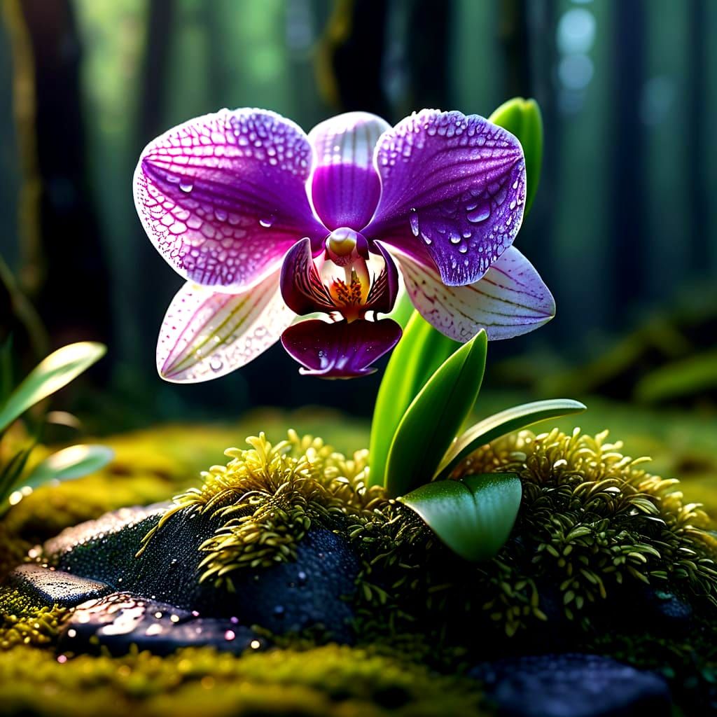 Hyperrealistic Orchid on Mossy Stone