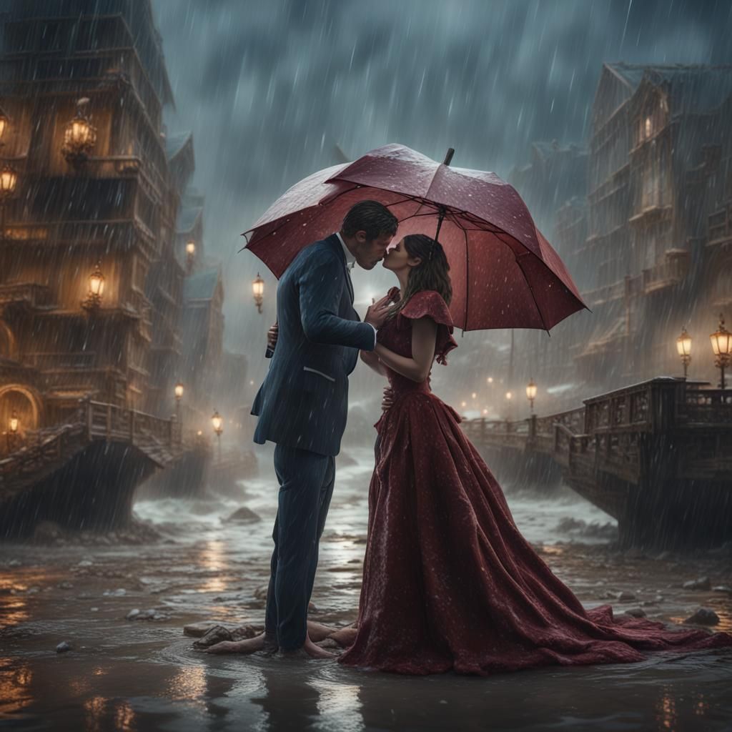 Newlyweds Kissing in Rain: Fantasy Concept Art