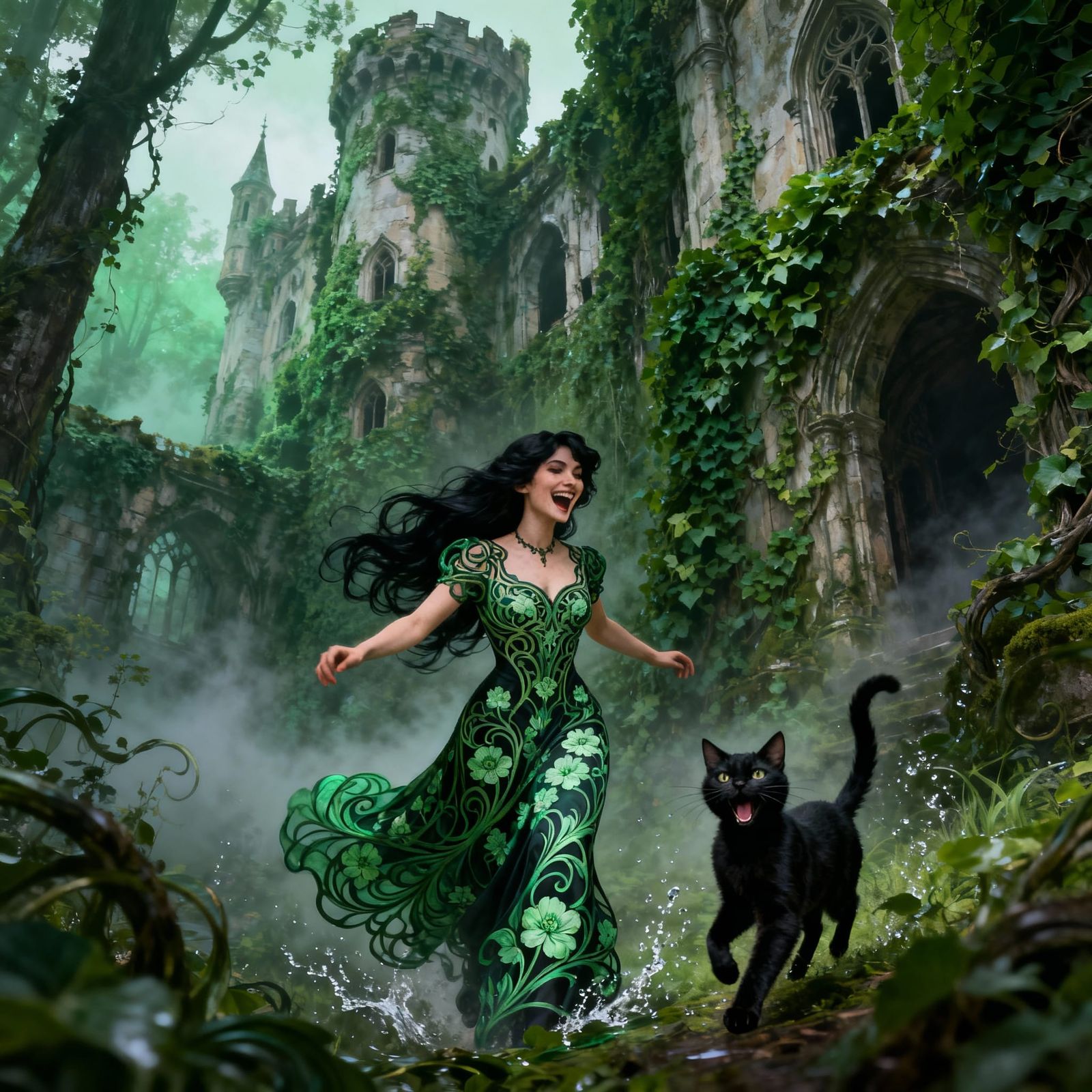 Art Nouveau Woman and Cat in Misty Castle