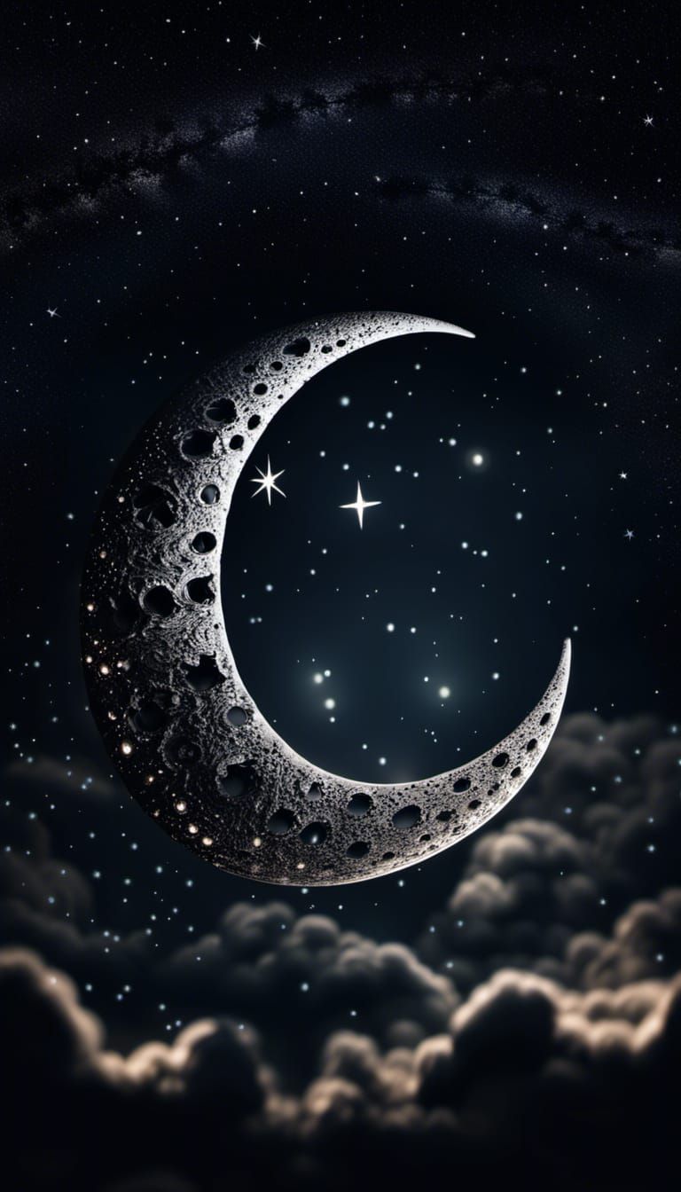 Hyperrealistic Crescent Moon and Stars at Night