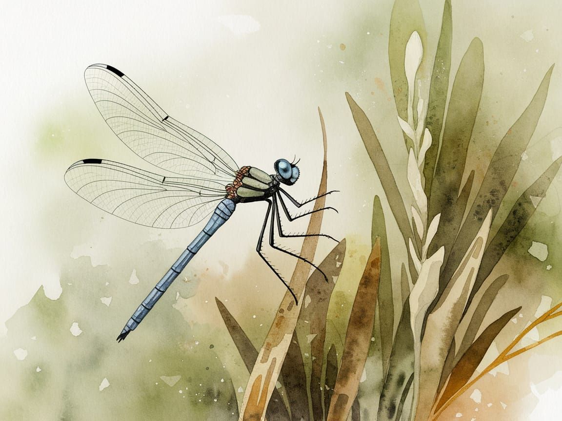 Delicate Dragonfly Watercolor in Serene Natural Setting