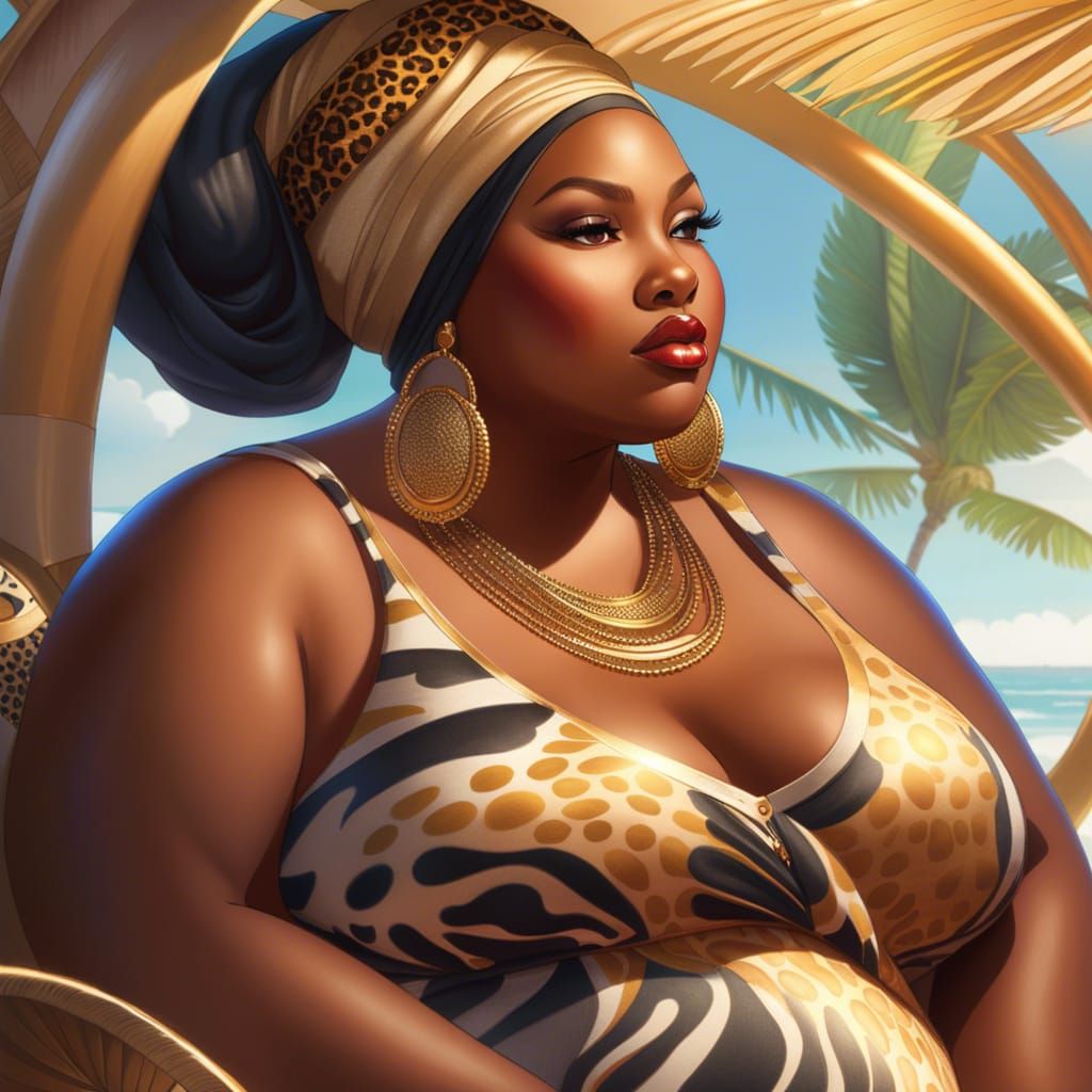 Pregnant SSBBW on Beach in Hyperdetailed Art