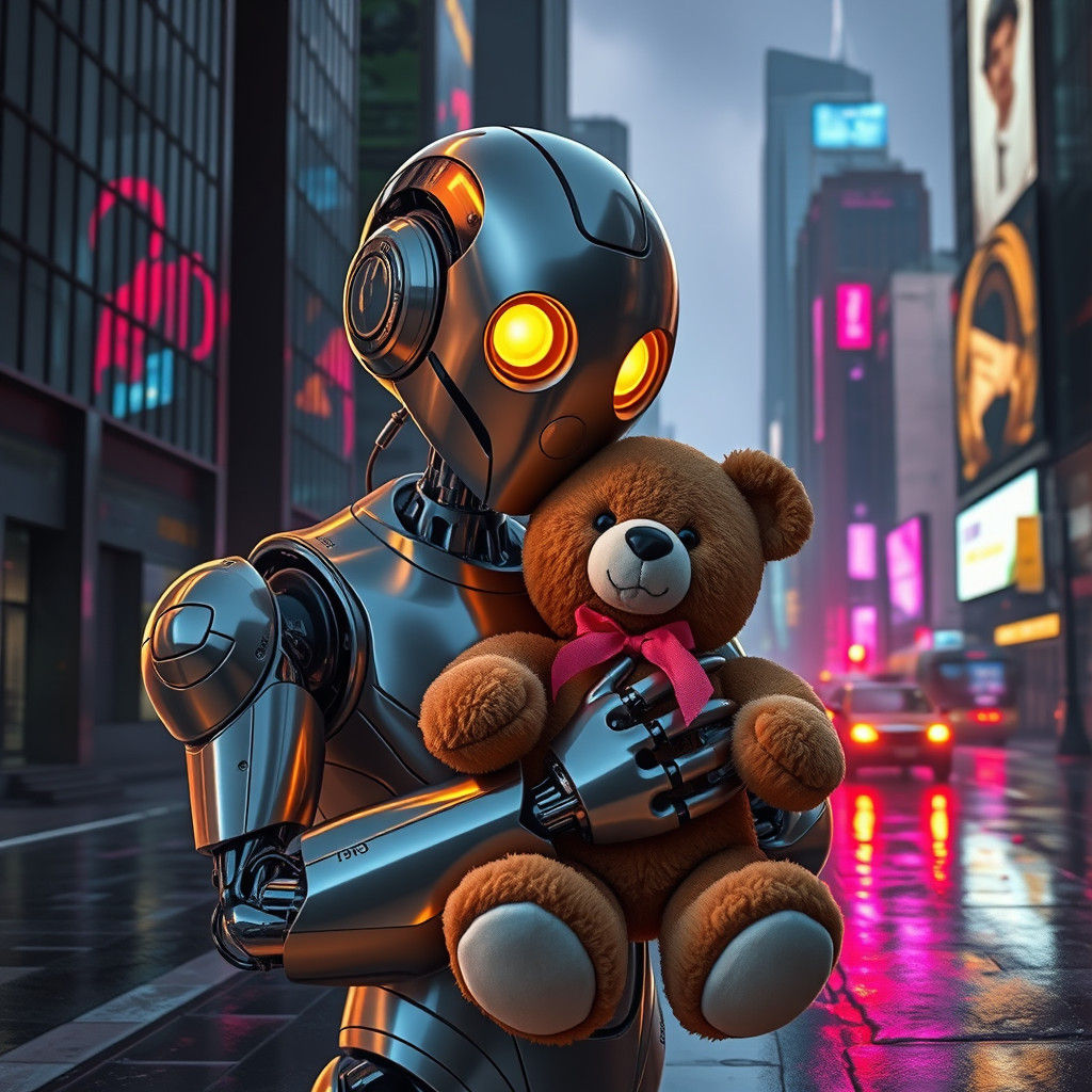 Robot Embraces Teddy Bear in Cyberpunk Cityscape
