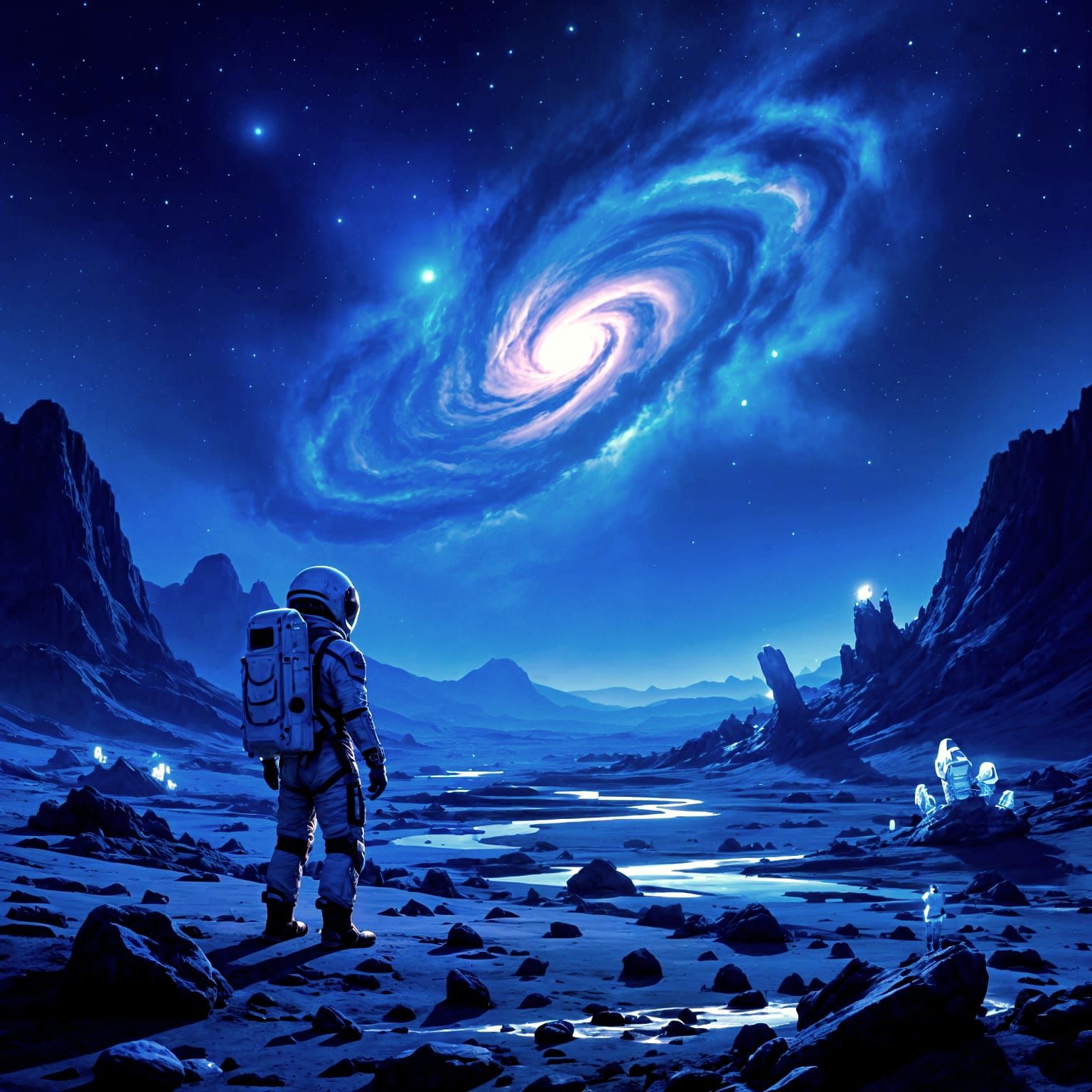 Astronaut Gazes at Nebula on Alien Planet