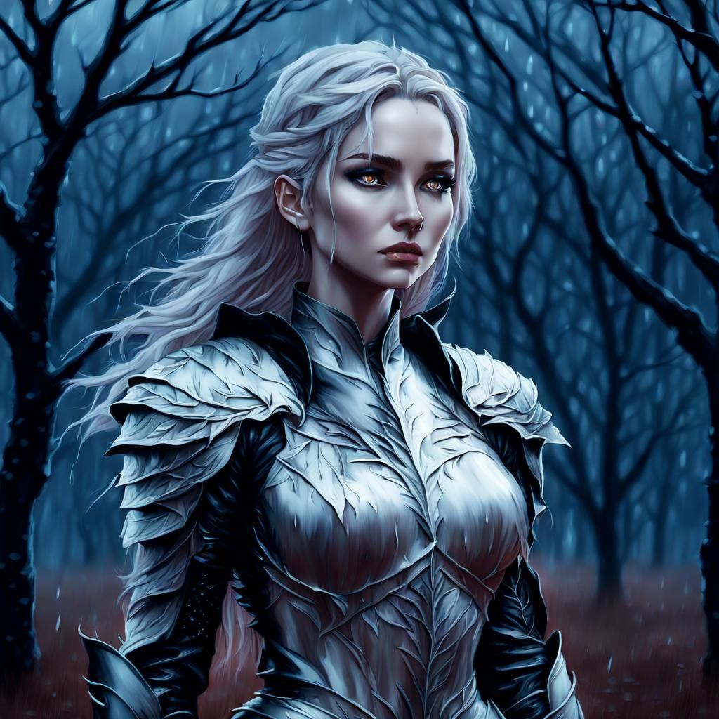 Pale Warrior Woman in Rainy Night Landscape