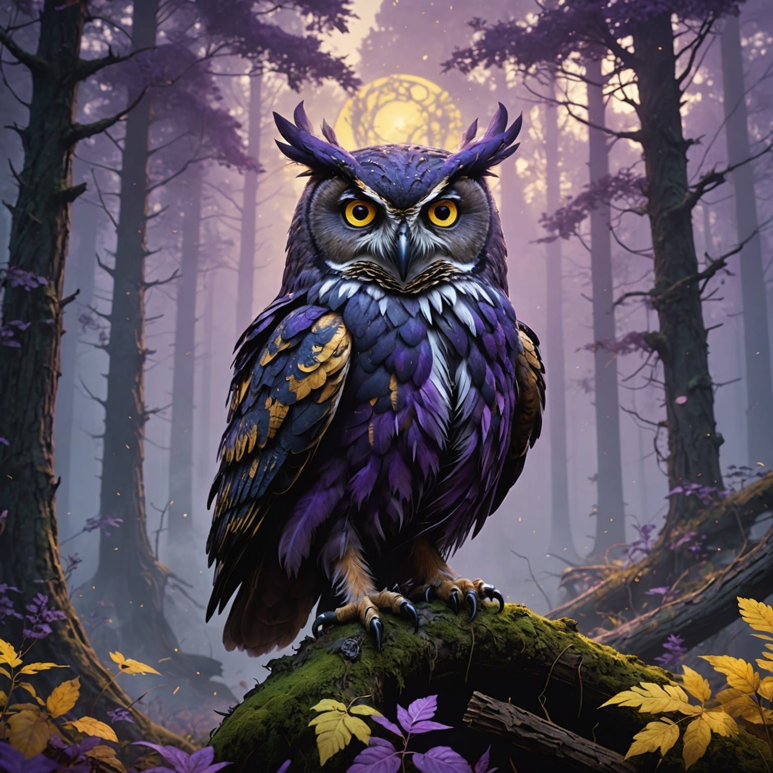 Cosmic Owl in Smoky Forest: Dark Fantasy Art
