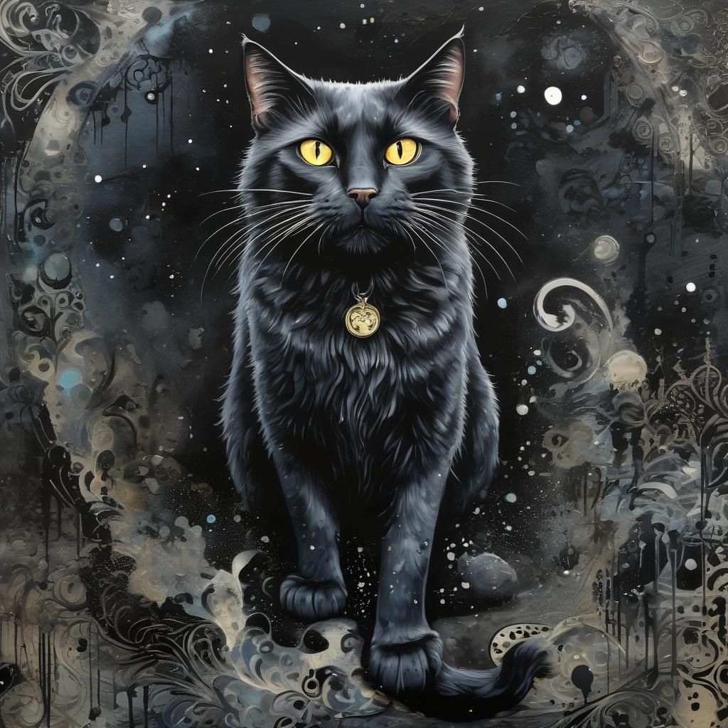 Magical Black Cat in Mixed Media Style