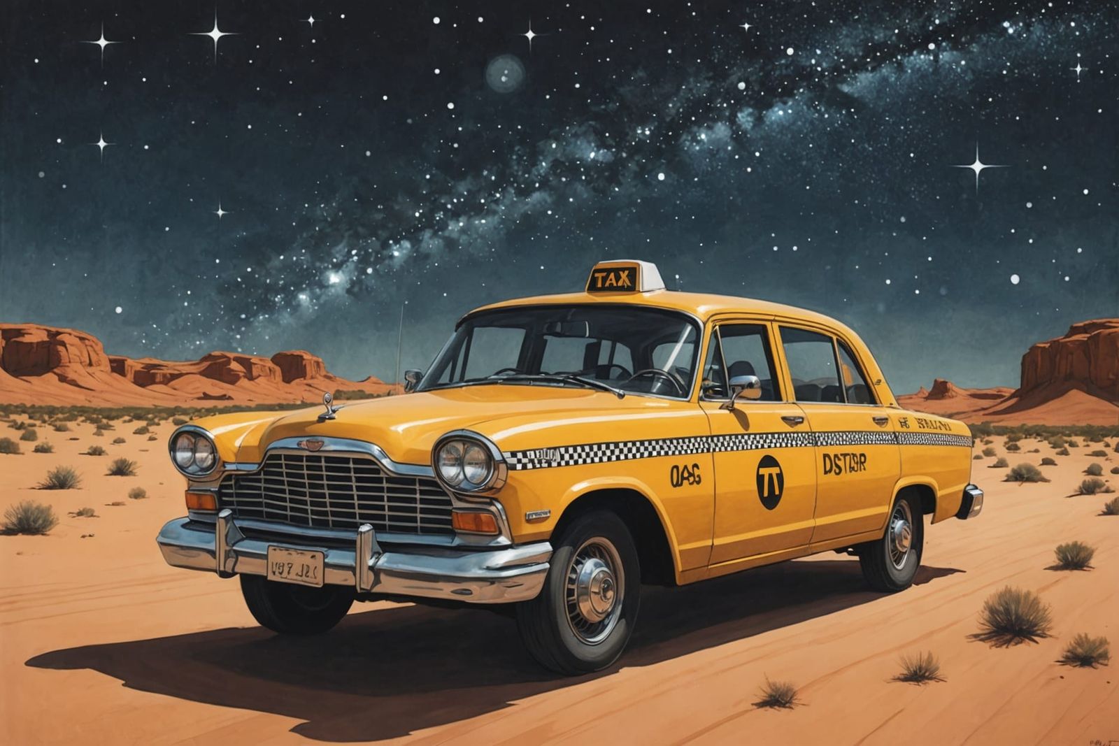 Desert Taxi Caricature in Starry Perspective