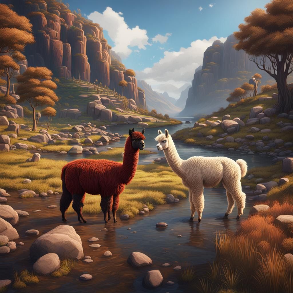 Alpaca and Llama by the Urubamba River