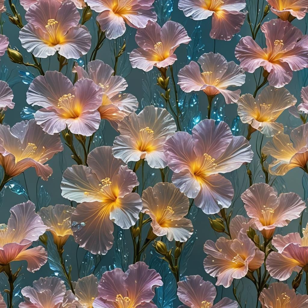 Glass Hibiscus Flowers with Water Droplets: Hyperrealism