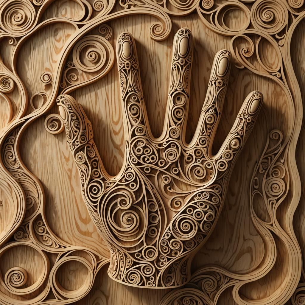 Wooden Hand Sculpture with Fractal Zentangle Design