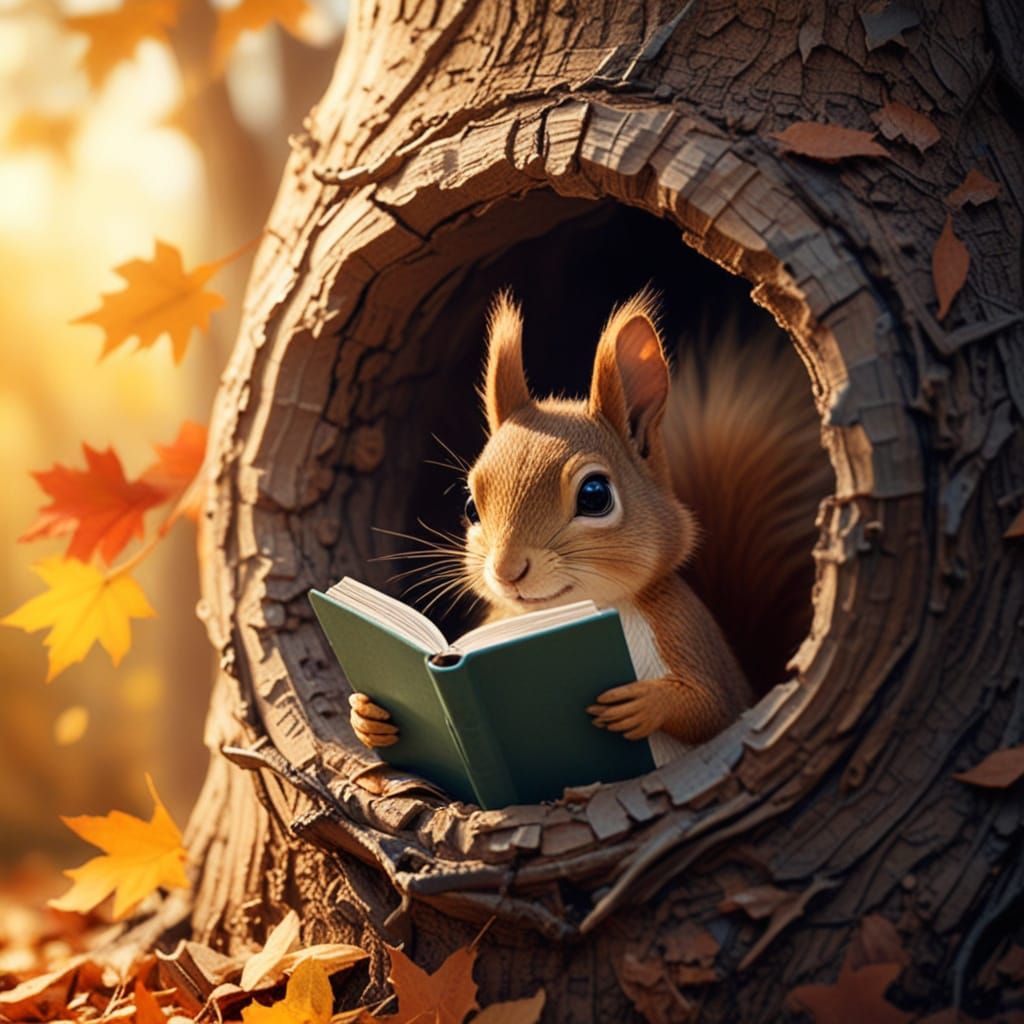 Squirrel Reading Book in Cozy Tree Hollow