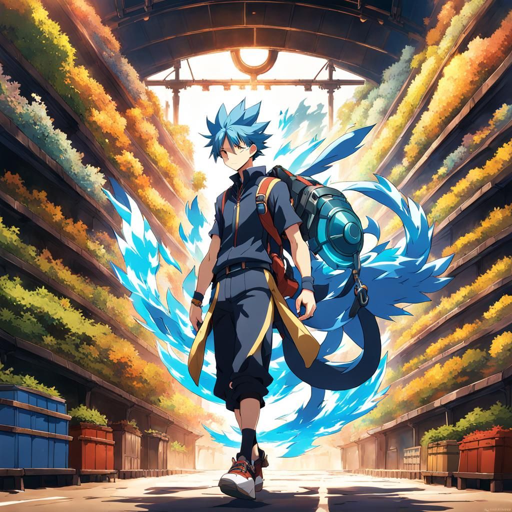 Blue-Haired Pokémon Trainer in Anime Style