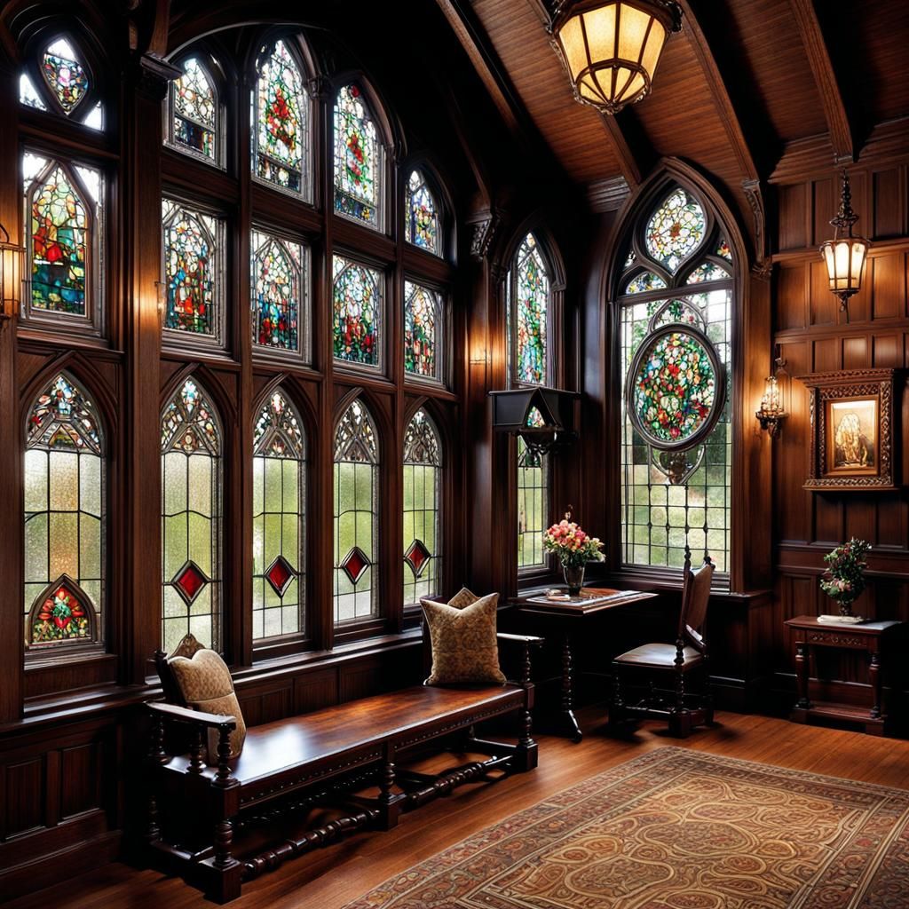 Tudor Estate Manor Interior with Stained Glass Windows