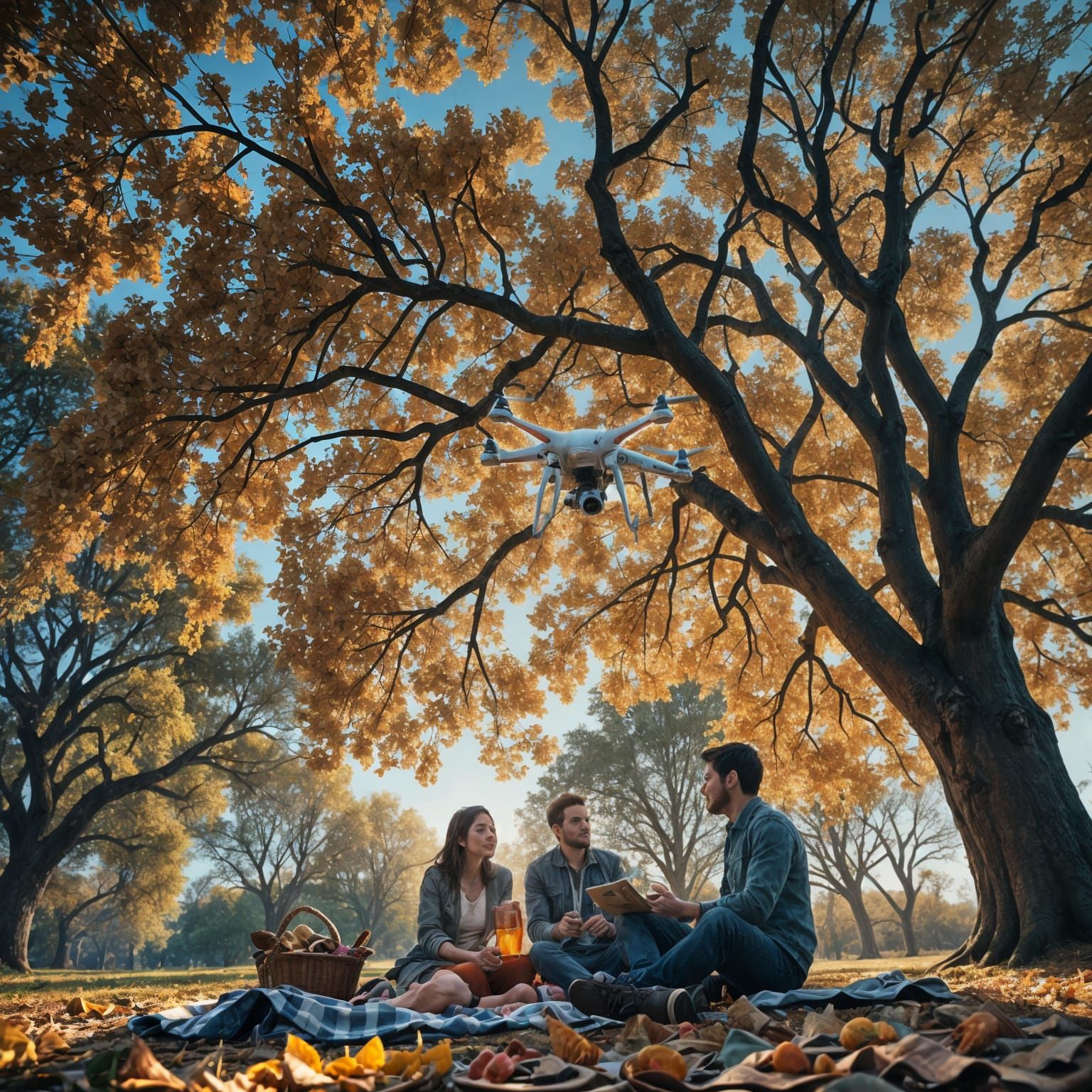 Drone Over Picnic: Photorealistic 16k Resolution Image