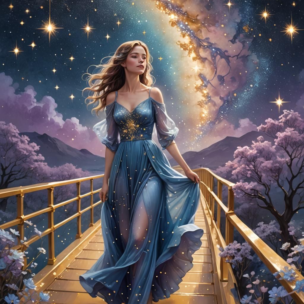 Girl on Golden Bridge over Milky Way: Fantasy Art
