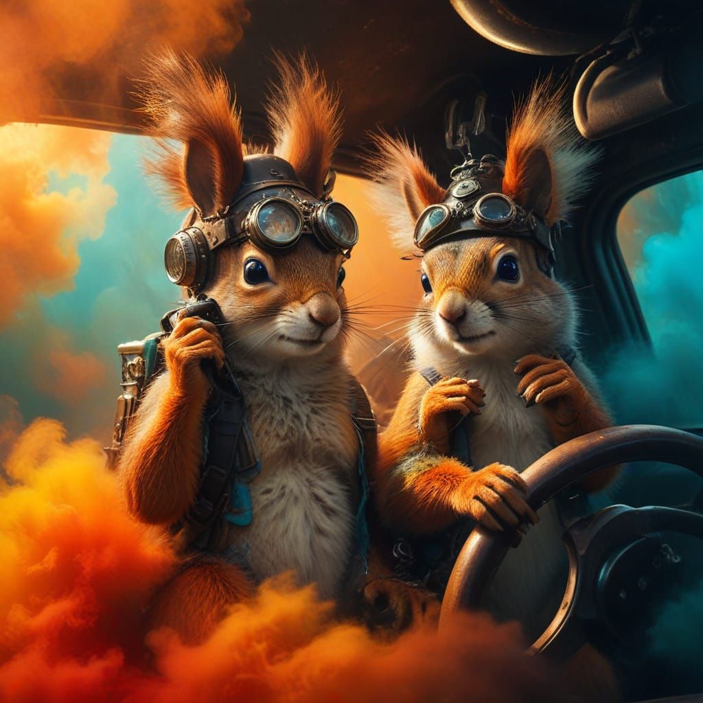 Squirrels in Vintage Futuristic Automobiles