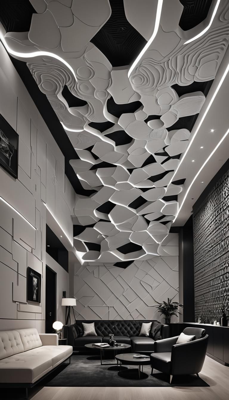 Monochrome Minimalist Salon with Parametric Ceiling