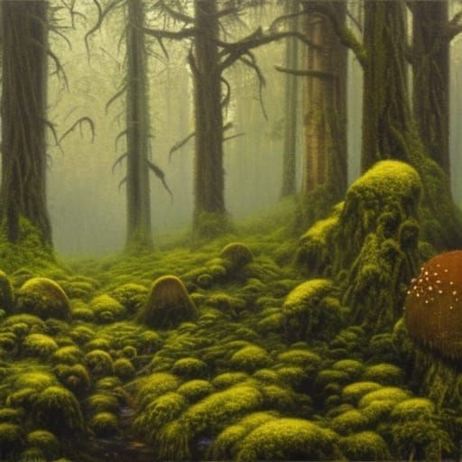 Mossy Evergreen Forest with Golden Light as Oil Painting