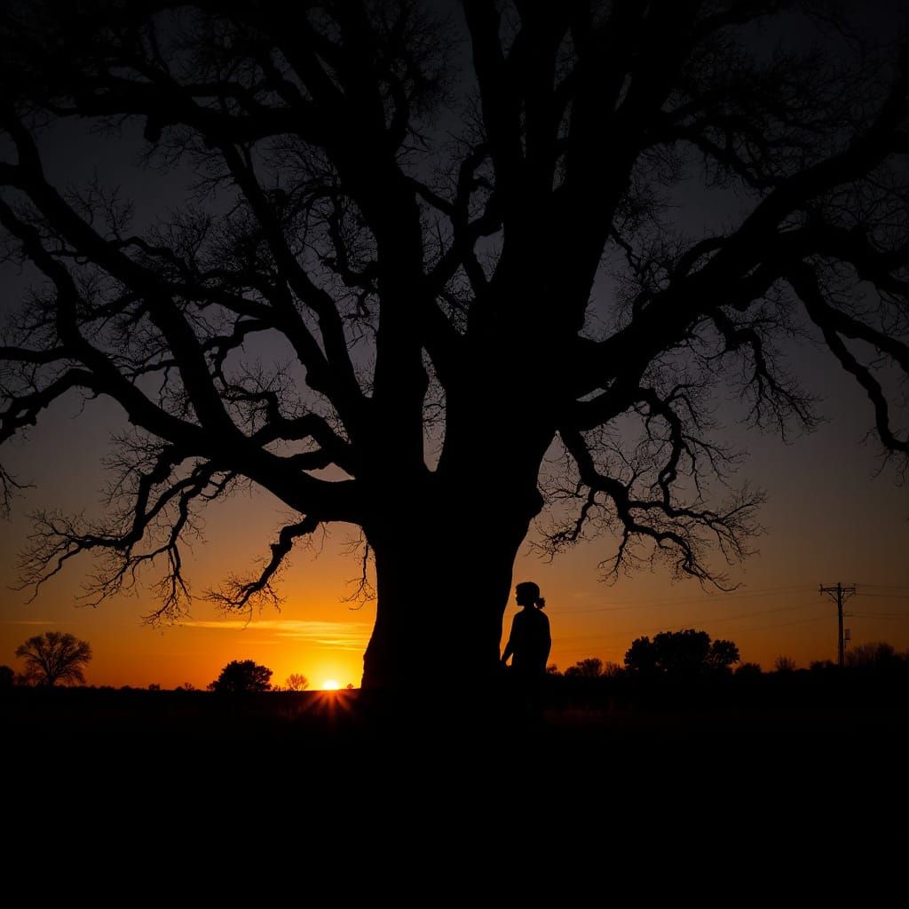 Boy and Girl Silhouette Under Giant Trees at Sunset