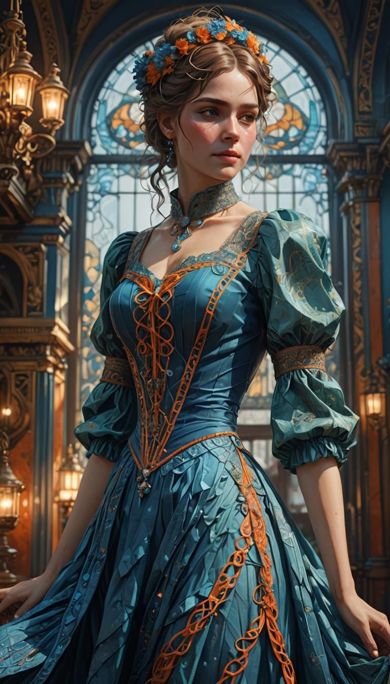 Victorian Woman in Blue String Dress, Detailed Concept Art