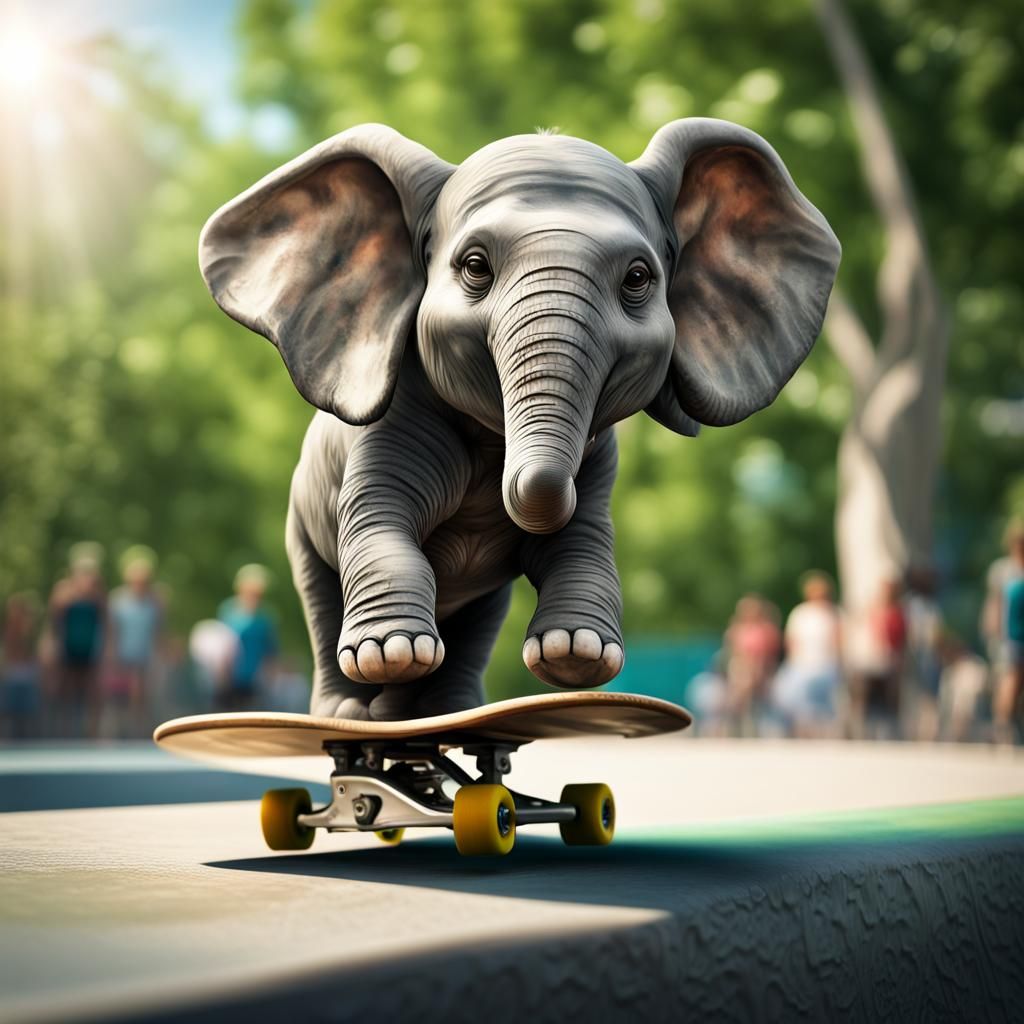 Cute Elephant Skateboarding in Summer
