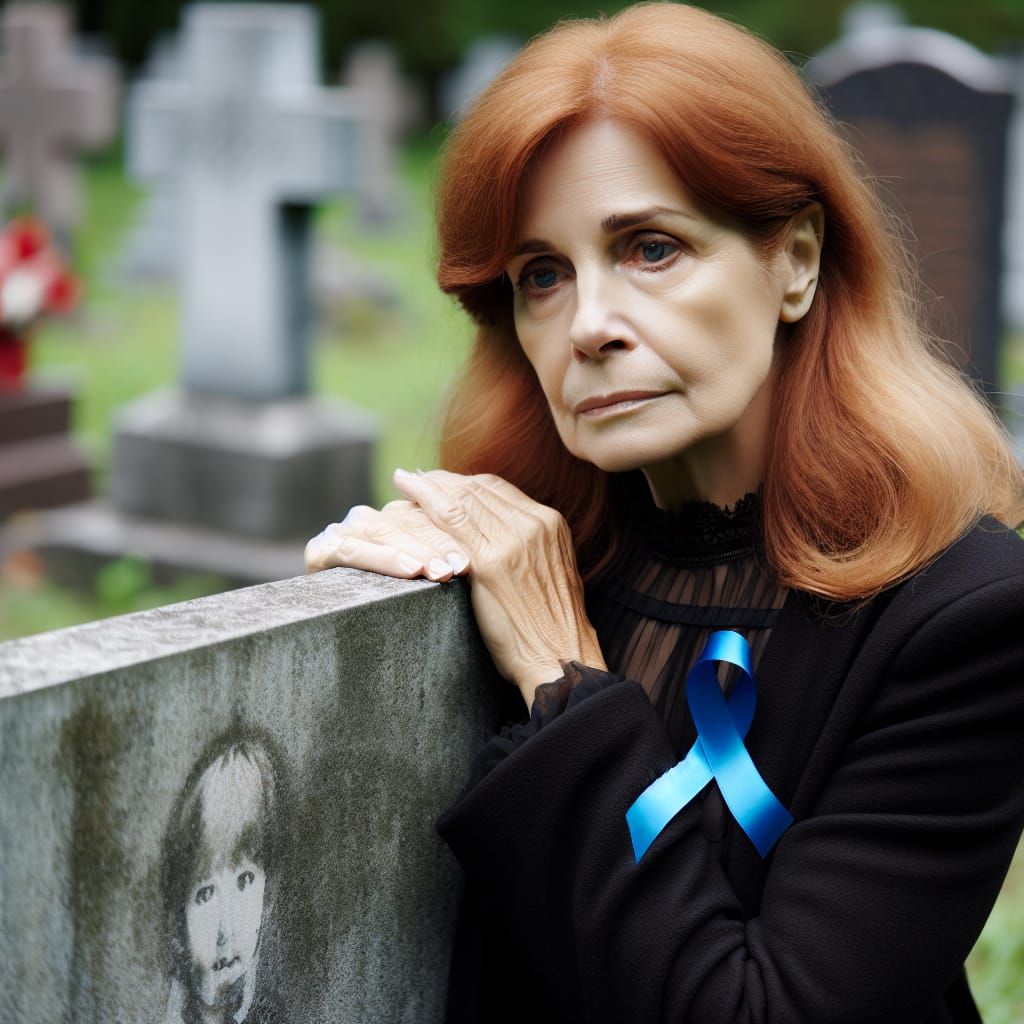 Mourning Woman with Blue Ribbon at Gravestone