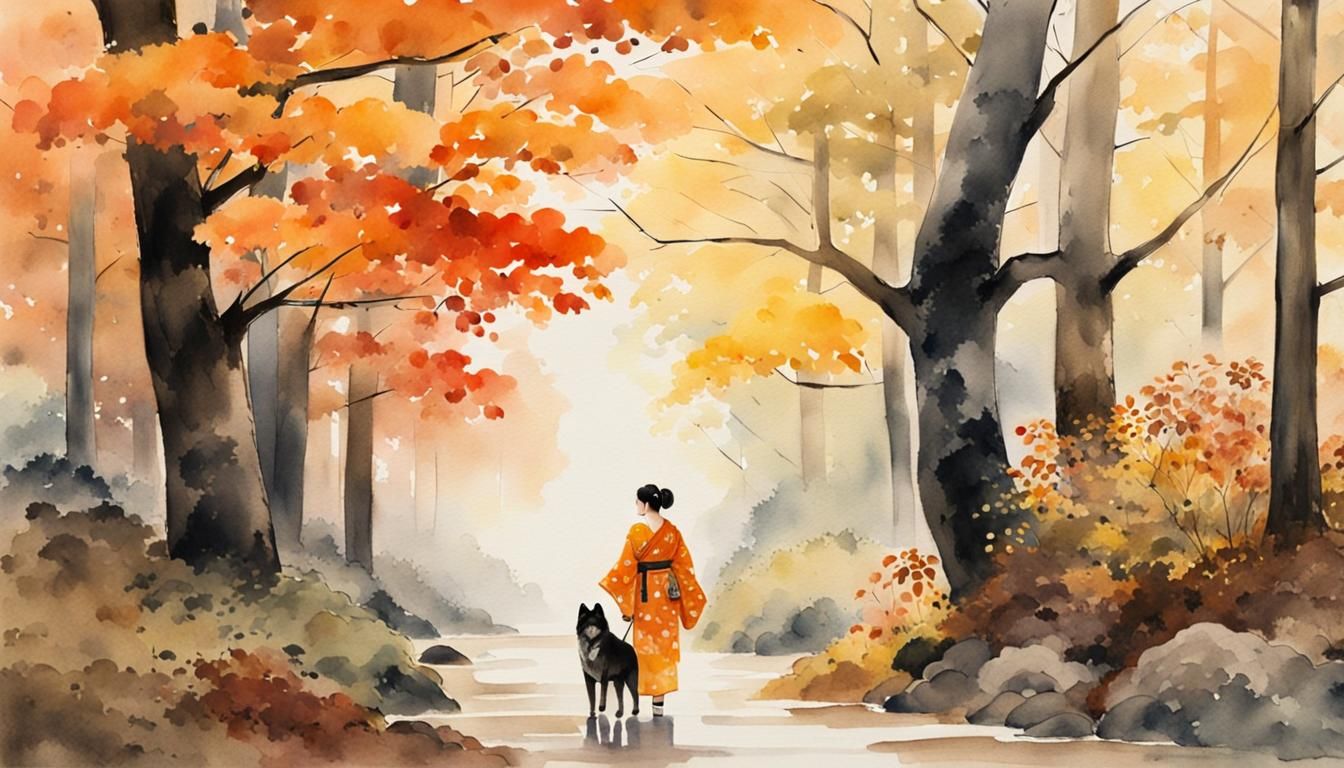 Japanese Woman and Akita in Autumn Watercolor