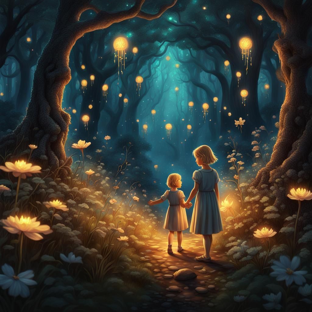 Girls in Luminous Forest Fantasy Concept Art