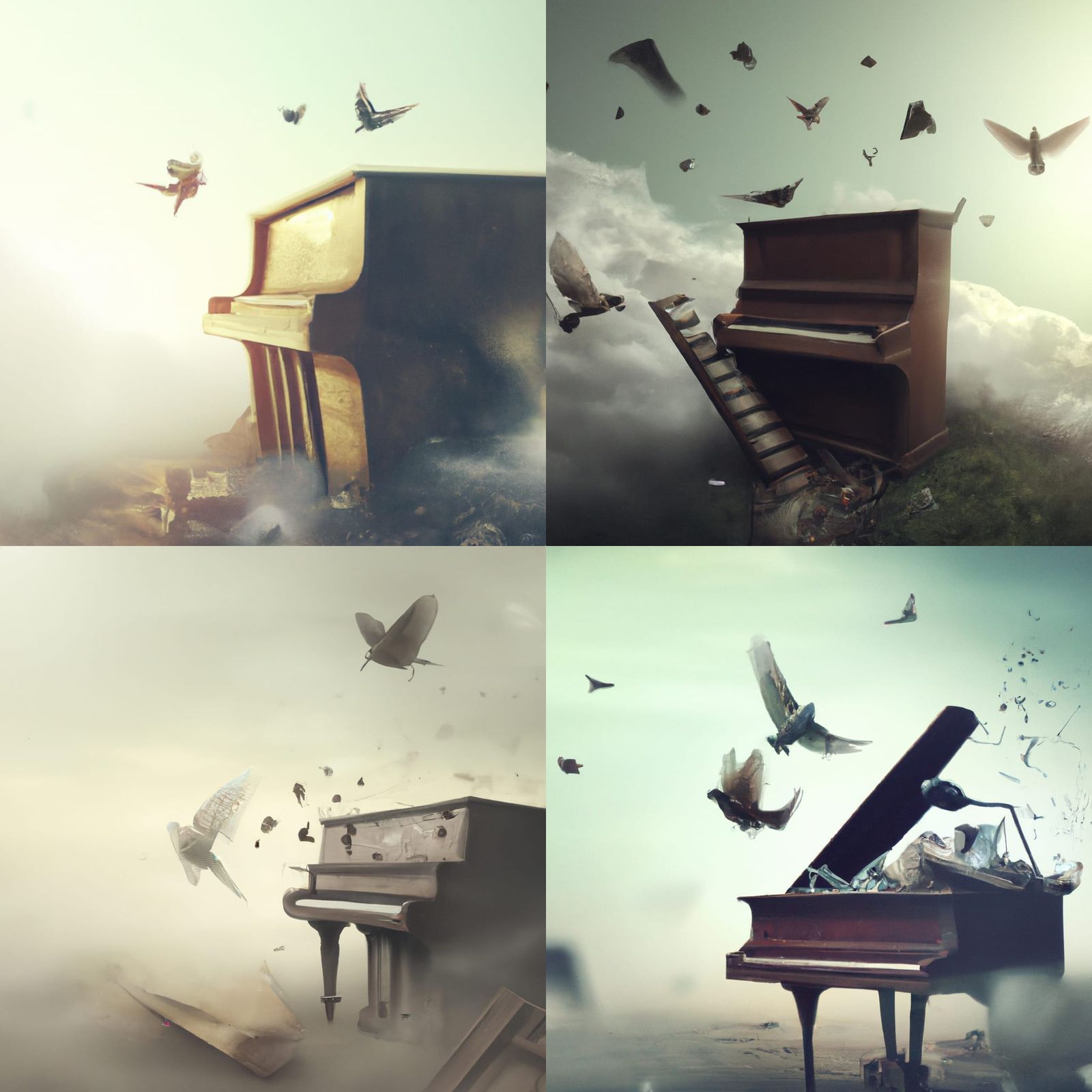 Surreal Piano Repair: Birds Fall Apart in Digital Art