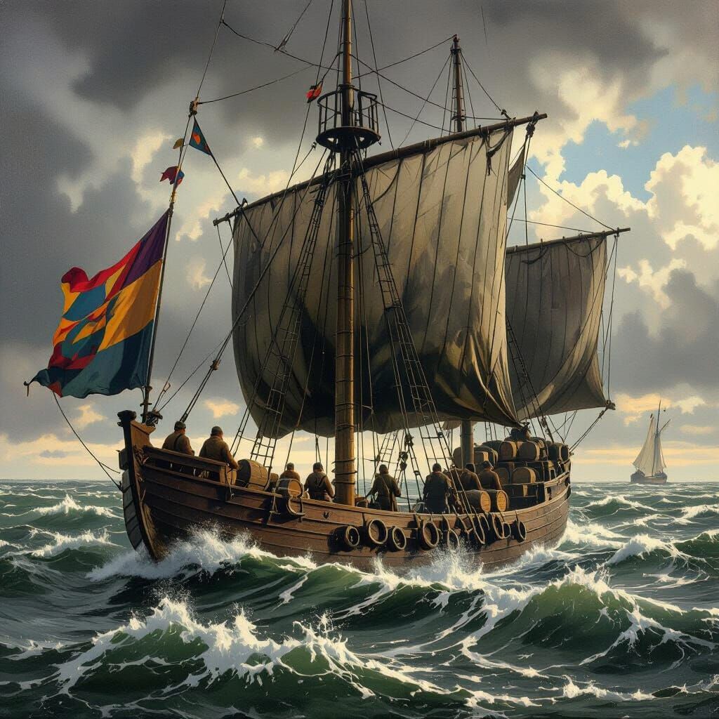 Medieval Cog Ship Sails the Baltic Sea
