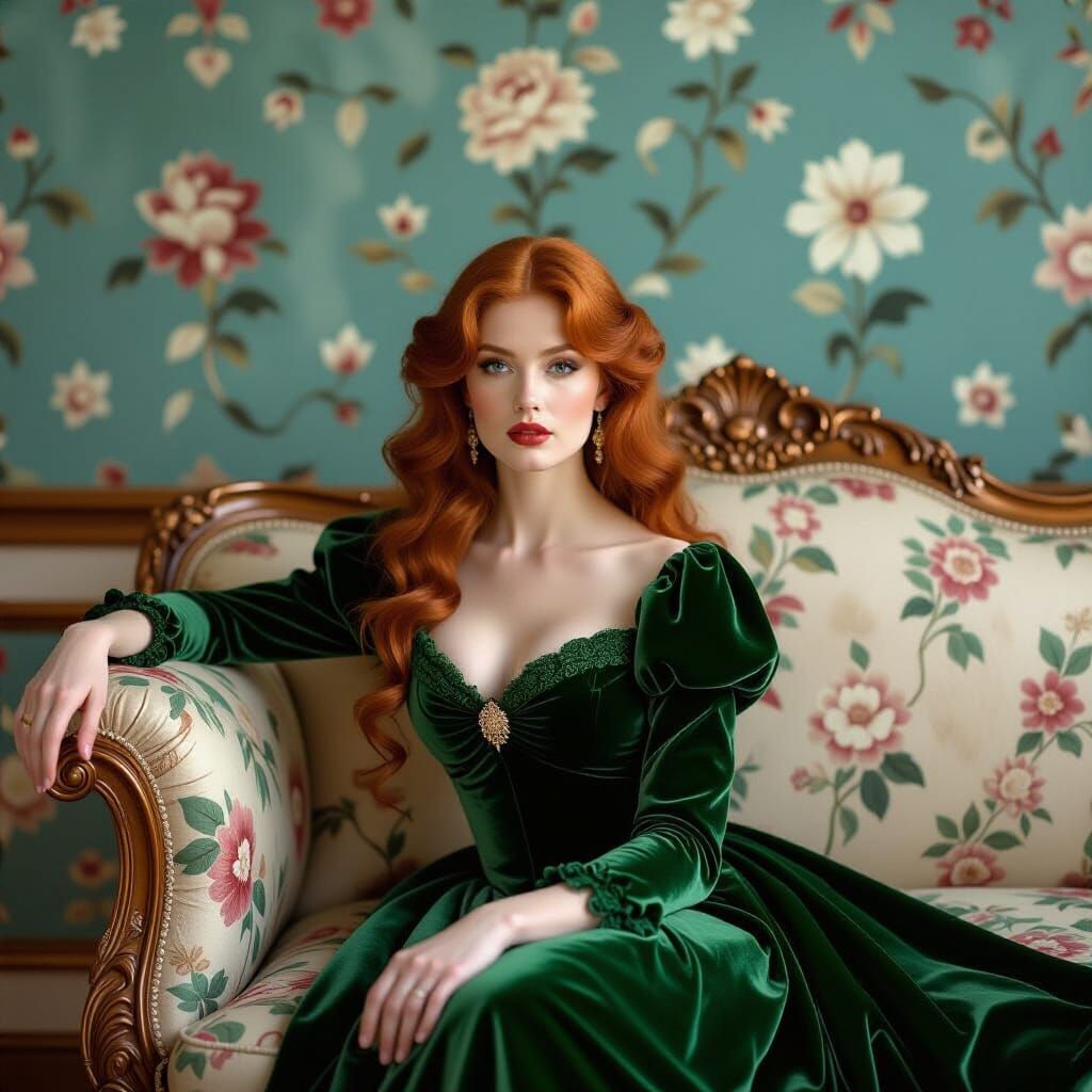 Elegant Redhead on Louis XVI Sofa, in Pre-Raphaelite Style