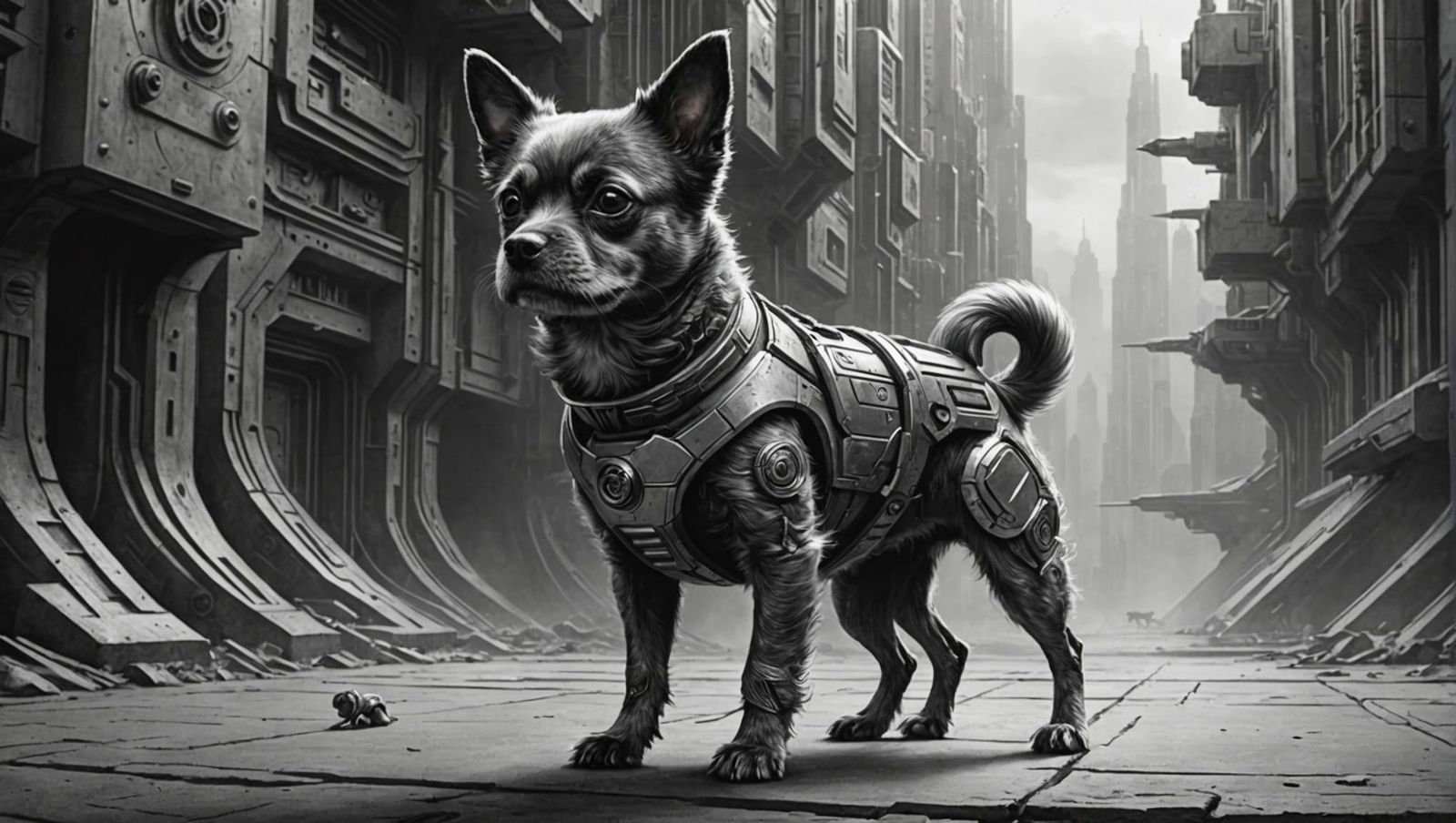 Futuristic Dog Protecting Master: Detailed Charcoal Drawing