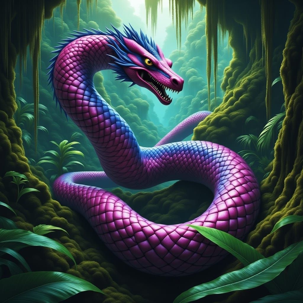 Giant Iridescent Snake in Jungle, Comic Book Art