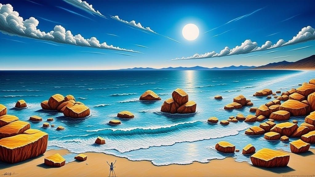 Dreamlike Seaside Scene in Surrealist Style
