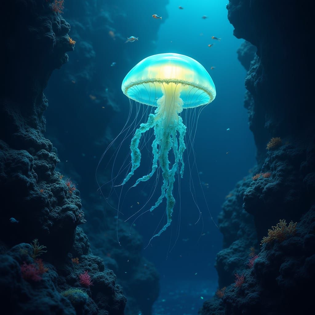 Bioluminescent Jellyfish in Deep-Sea Digital Painting